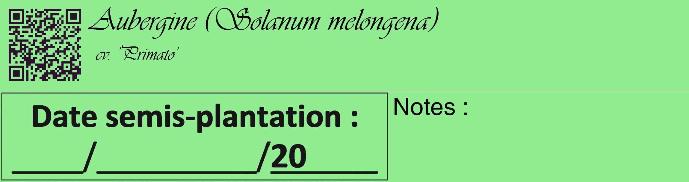 Étiquette de : Solanum melongena cv. 'Primato' - format c - style noire15_basique_basiqueviv avec qrcode et comestibilité