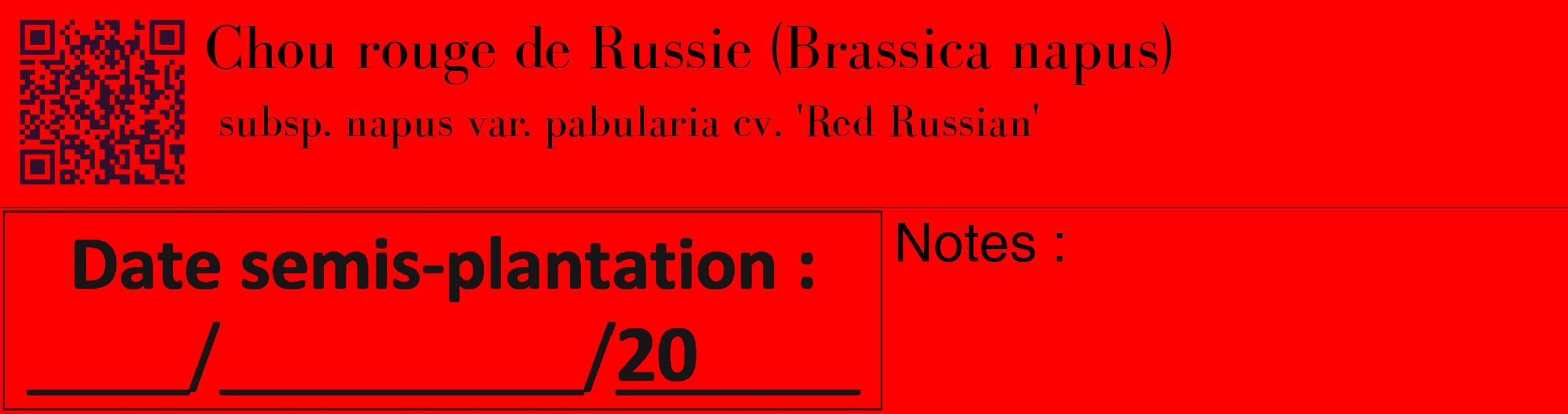 Étiquette de : Brassica napus subsp. napus var. pabularia cv. 'Red Russian' - format c - style noire27_basique_basiquebod avec qrcode et comestibilité