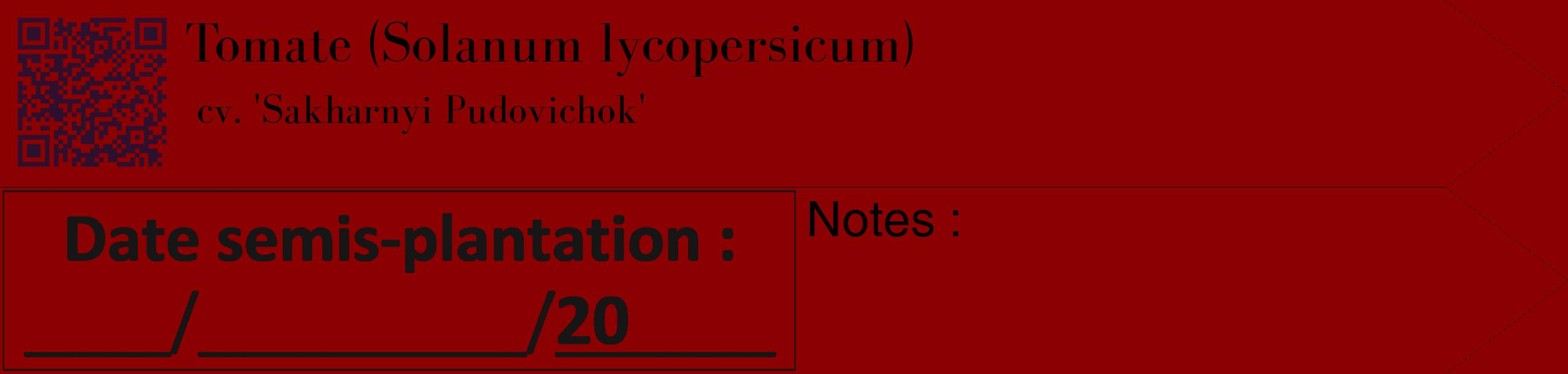 Étiquette de : Solanum lycopersicum cv. 'Sakharnyi Pudovichok' - format c - style noire34_simple_simplebod avec qrcode et comestibilité