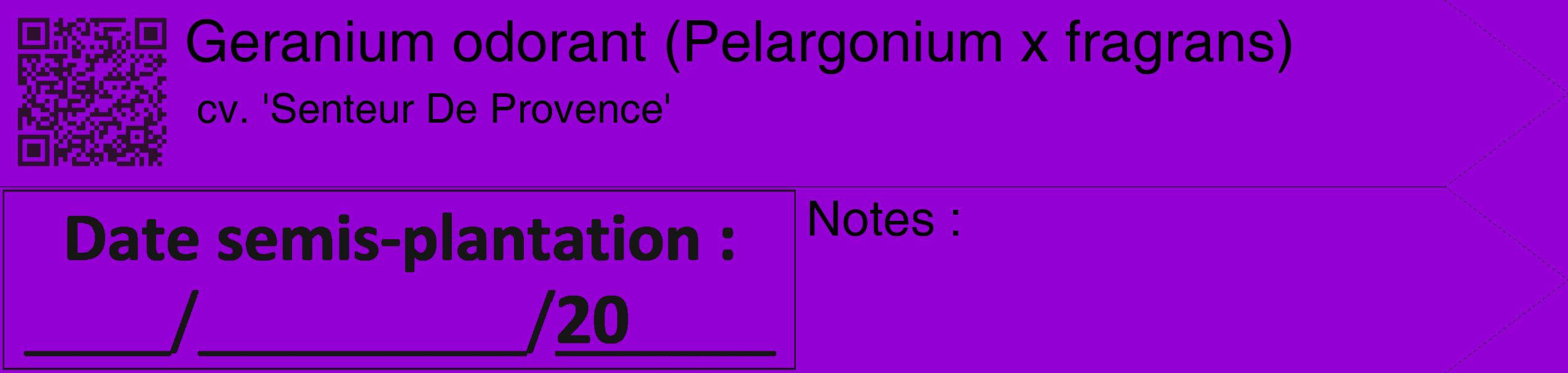 Étiquette de : Pelargonium x fragrans cv. 'Senteur De Provence' - format c - style noire48_simple_simplehel avec qrcode et comestibilité