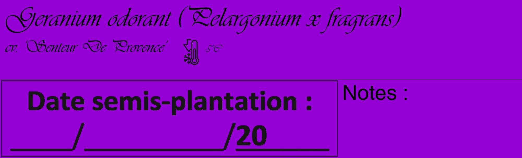 Étiquette de : Pelargonium x fragrans cv. 'Senteur De Provence' - format c - style noire48_basique_basiqueviv avec comestibilité
