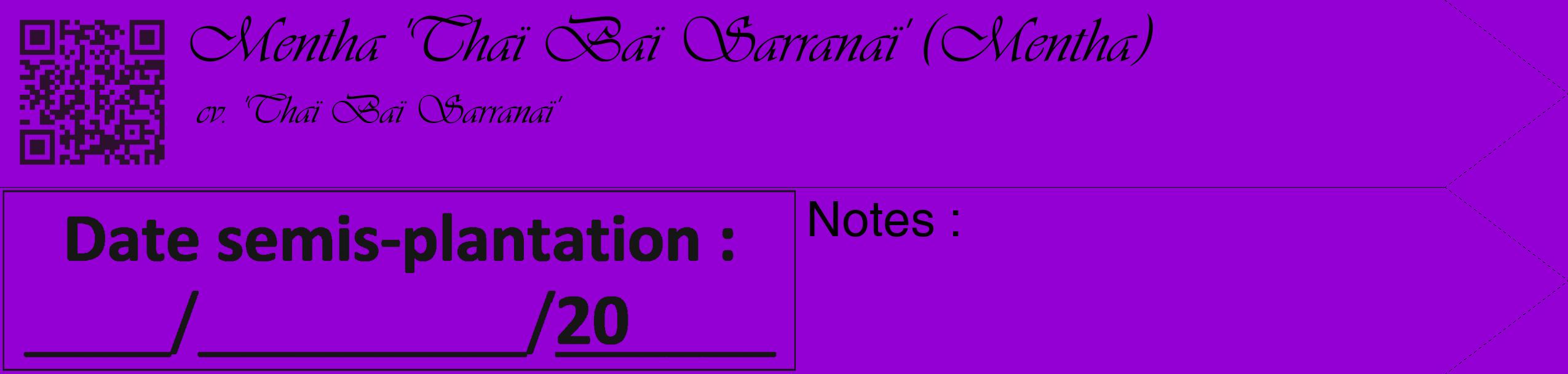 Étiquette de : Mentha cv. 'Thaï Baï Sarranaï' - format c - style noire48_simple_simpleviv avec qrcode et comestibilité