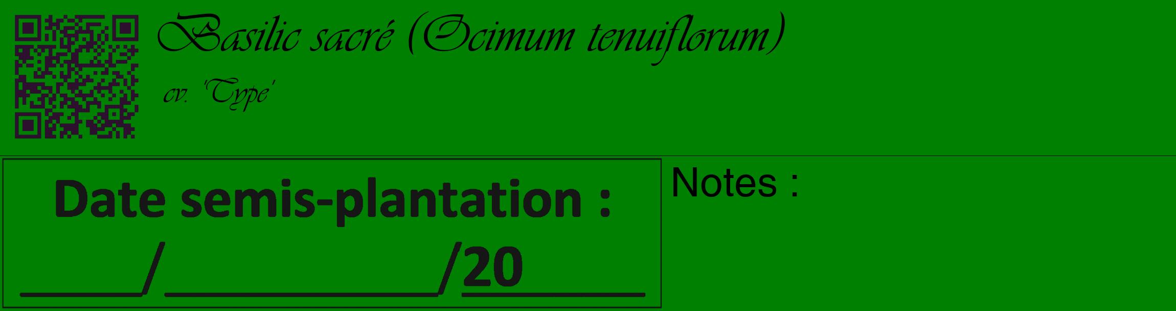 Étiquette de : Ocimum tenuiflorum cv. 'Type' - format c - style noire9_basique_basiqueviv avec qrcode et comestibilité