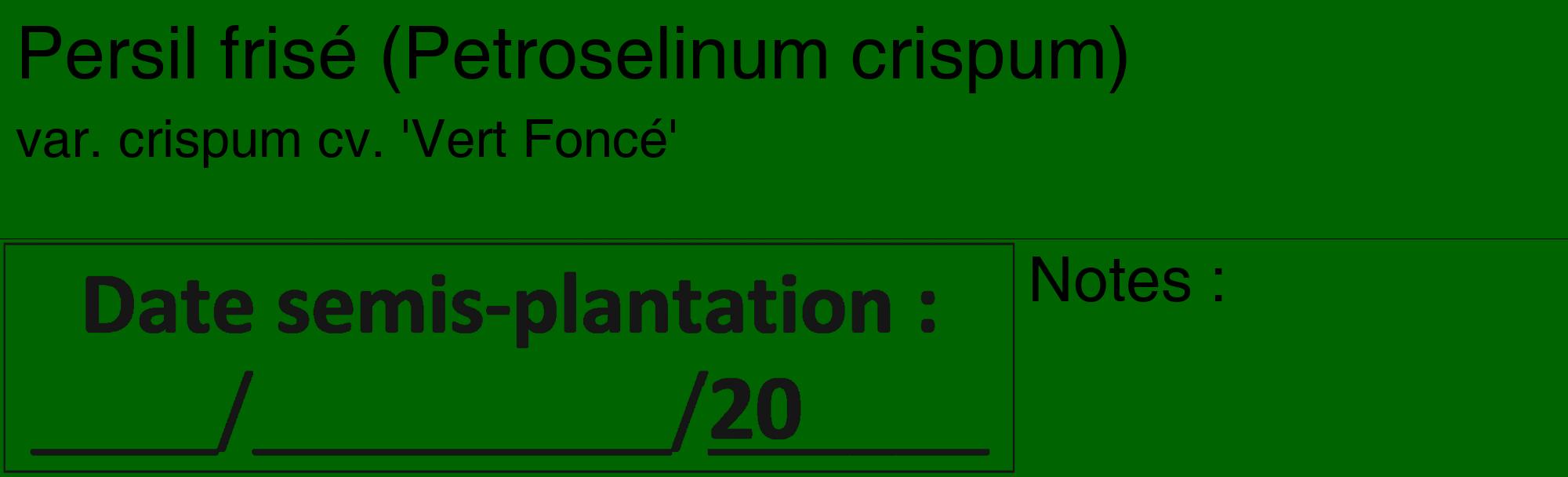 Étiquette de : Petroselinum crispum var. crispum cv. 'Vert Foncé' - format c - style noire8_basique_basiquehel avec comestibilité