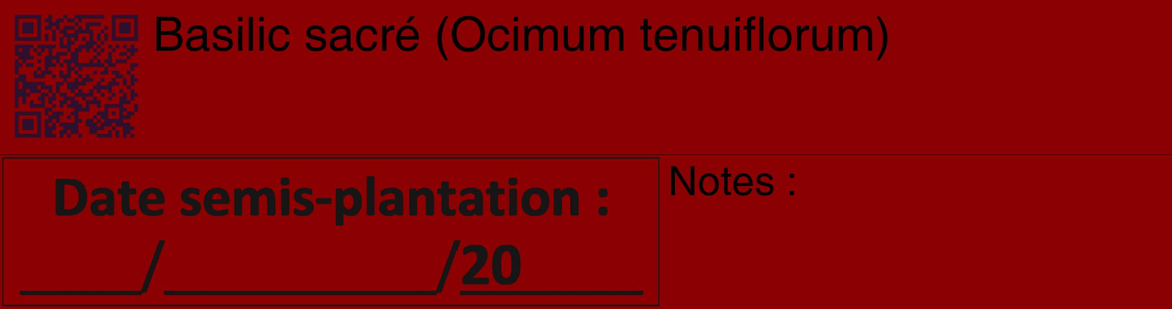 Étiquette de : Ocimum tenuiflorum - format c - style noire34_basique_basiquehel avec qrcode et comestibilité