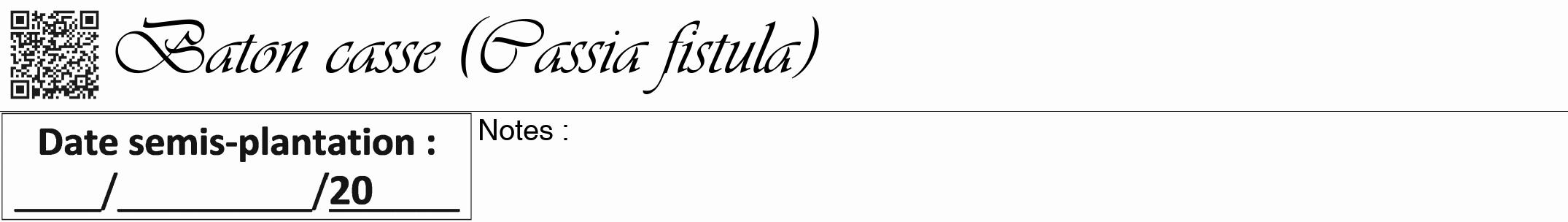 Étiquette de : Cassia fistula - format a - style noire19viv avec qrcode et comestibilité