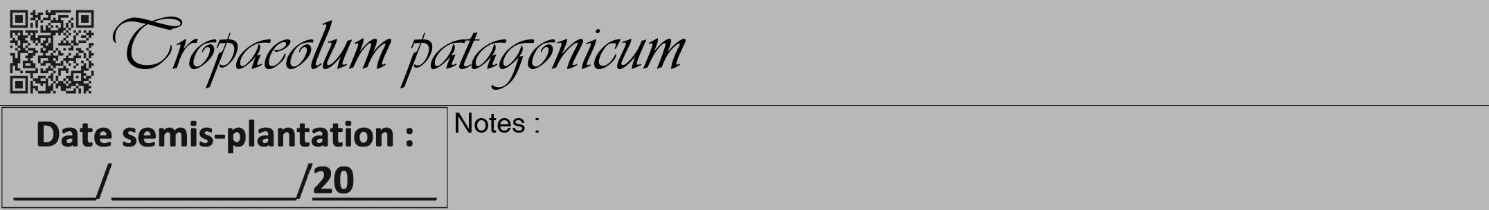 Étiquette de : Tropaeolum patagonicum - format a - style noire39viv avec qrcode et comestibilité