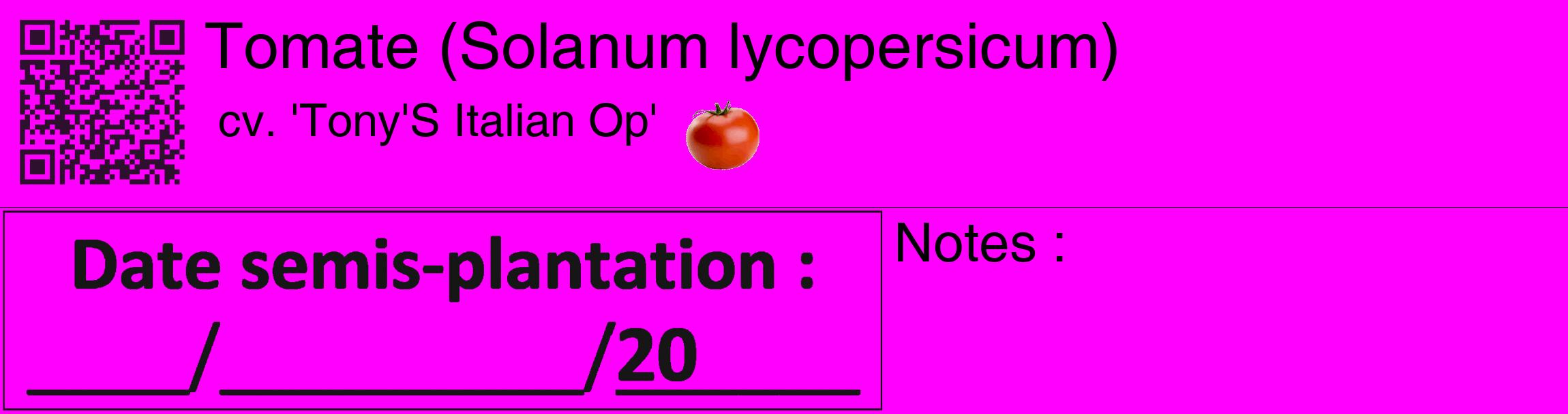 Étiquette de : Solanum lycopersicum cv. 'Tony'S Italian Op' - format c - style noire51_basique_basiquehel avec qrcode et comestibilité simplifiée
