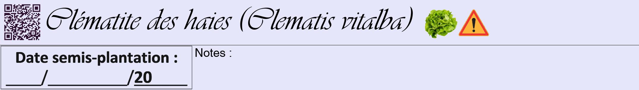 Étiquette de : Clematis vitalba - format a - style noire55viv avec qrcode et comestibilité simplifiée