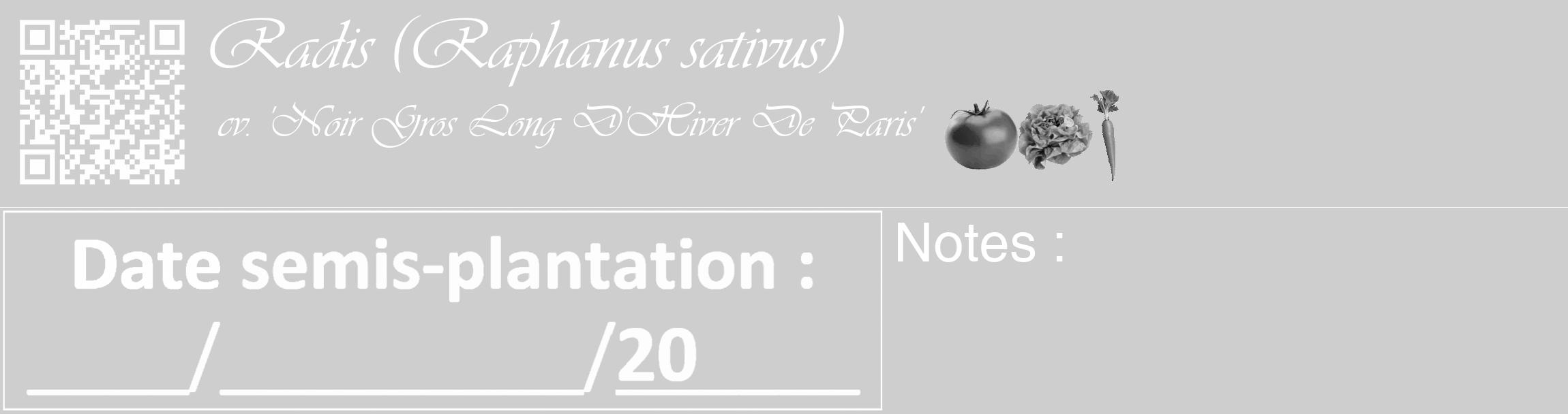 Étiquette de : Raphanus sativus cv. 'Noir Gros Long D'Hiver De Paris' - format c - style blanche17_basique_basiqueviv avec qrcode et comestibilité simplifiée