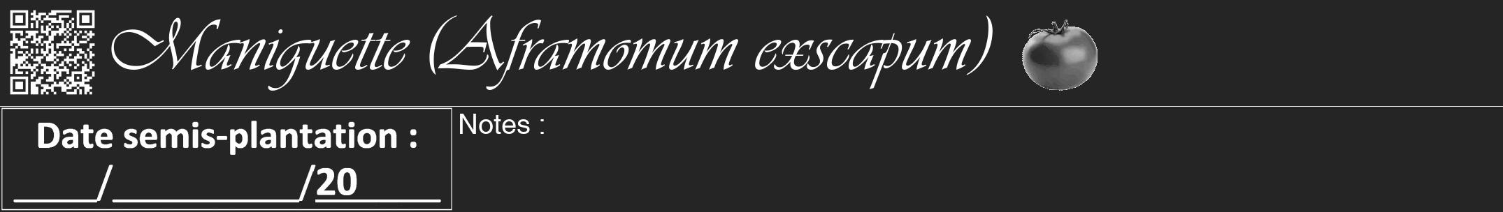 Étiquette de : Aframomum exscapum - format a - style blanche47viv avec qrcode et comestibilité simplifiée