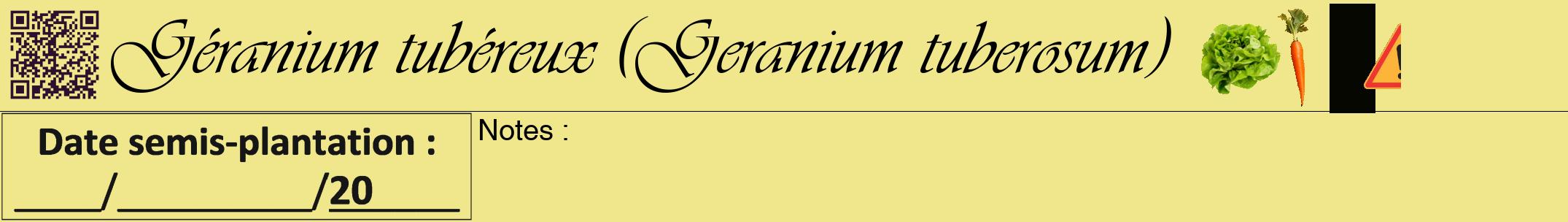 Étiquette de : Geranium tuberosum - format a - style noire20viv avec qrcode et comestibilité simplifiée