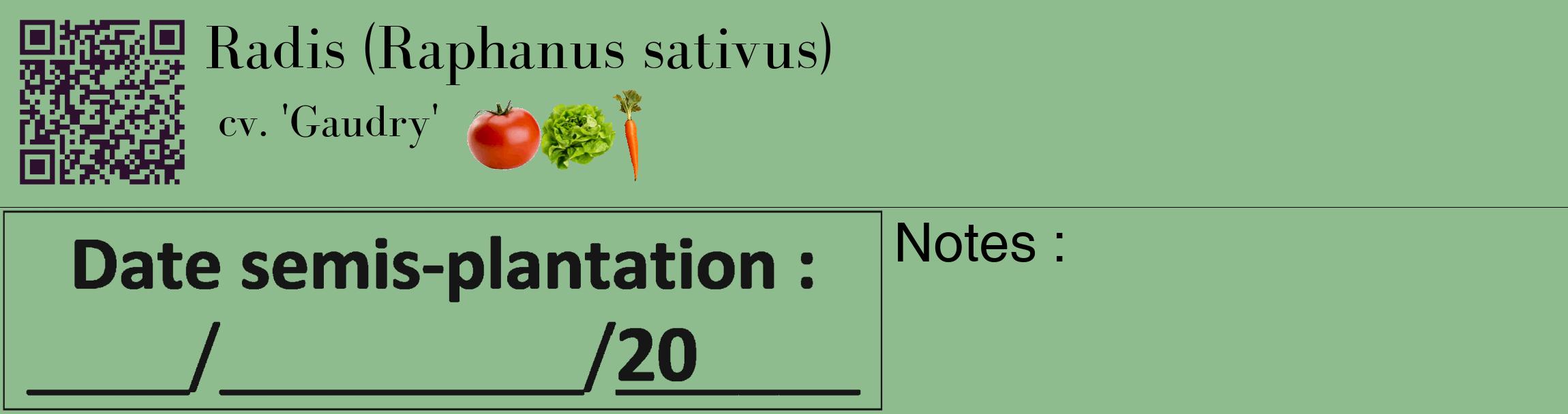 Étiquette de : Raphanus sativus cv. 'Gaudry' - format c - style noire13_basique_basiquebod avec qrcode et comestibilité simplifiée