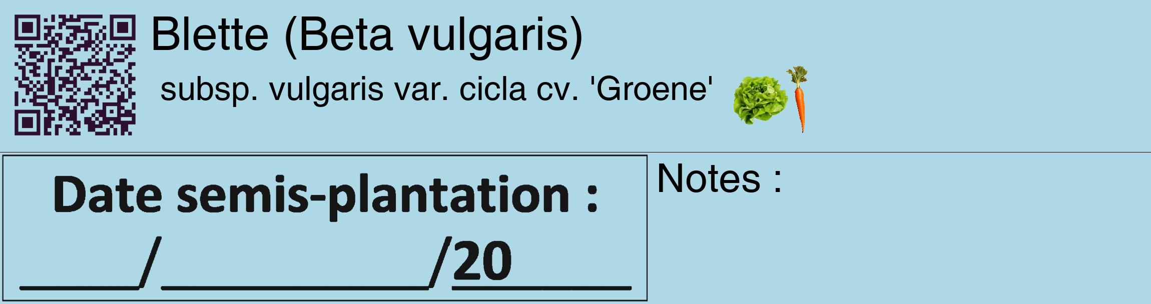 Étiquette de : Beta vulgaris subsp. vulgaris var. cicla cv. 'Groene' - format c - style noire0_basique_basiquehel avec qrcode et comestibilité simplifiée