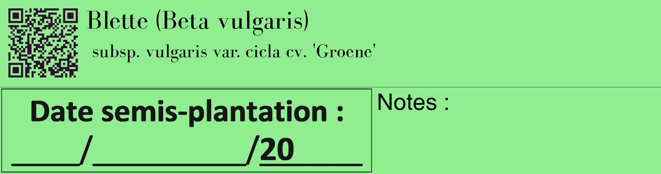 Étiquette de : Beta vulgaris subsp. vulgaris var. cicla cv. 'Groene' - format c - style noire15_basique_basiquebod avec qrcode et comestibilité