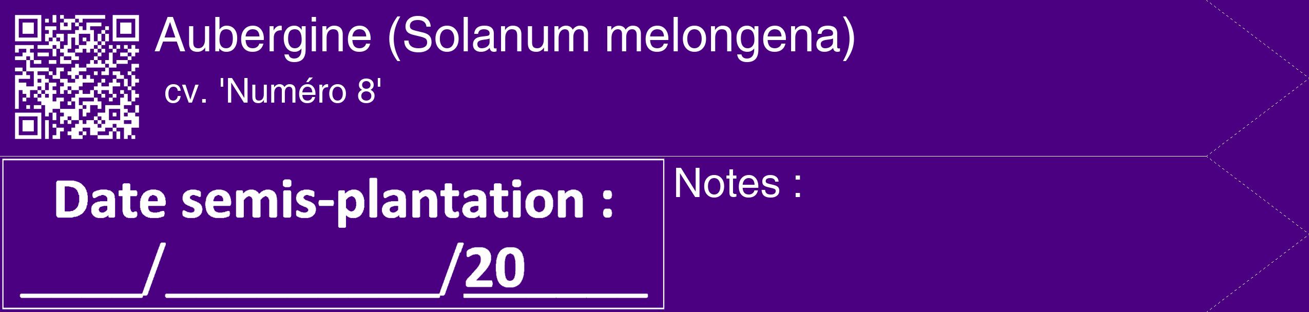 Étiquette de : Solanum melongena cv. 'Numéro 8' - format c - style blanche47_simple_simplehel avec qrcode et comestibilité