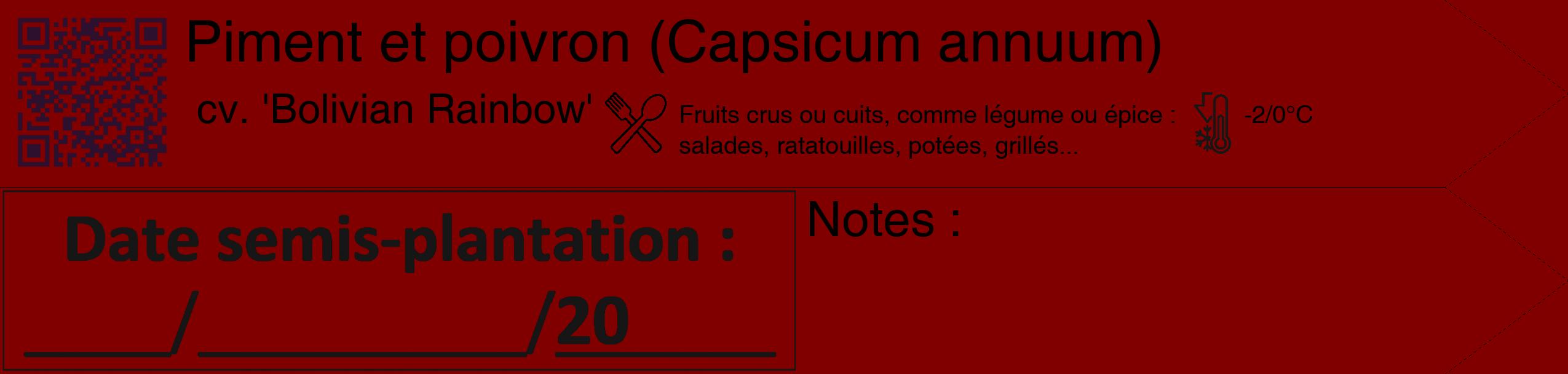 Étiquette de : Capsicum annuum cv. 'Bolivian Rainbow' - format c - style noire29_simple_simplehel avec qrcode et comestibilité simplifiée