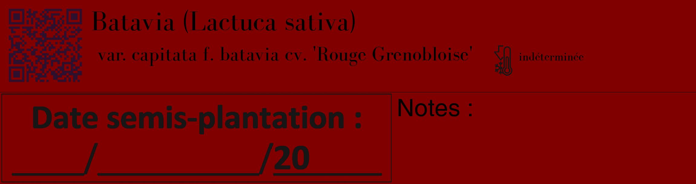 Étiquette de : Lactuca sativa var. capitata f. batavia cv. 'Rouge Grenobloise' - format c - style noire29_basique_basiquebod avec qrcode et comestibilité