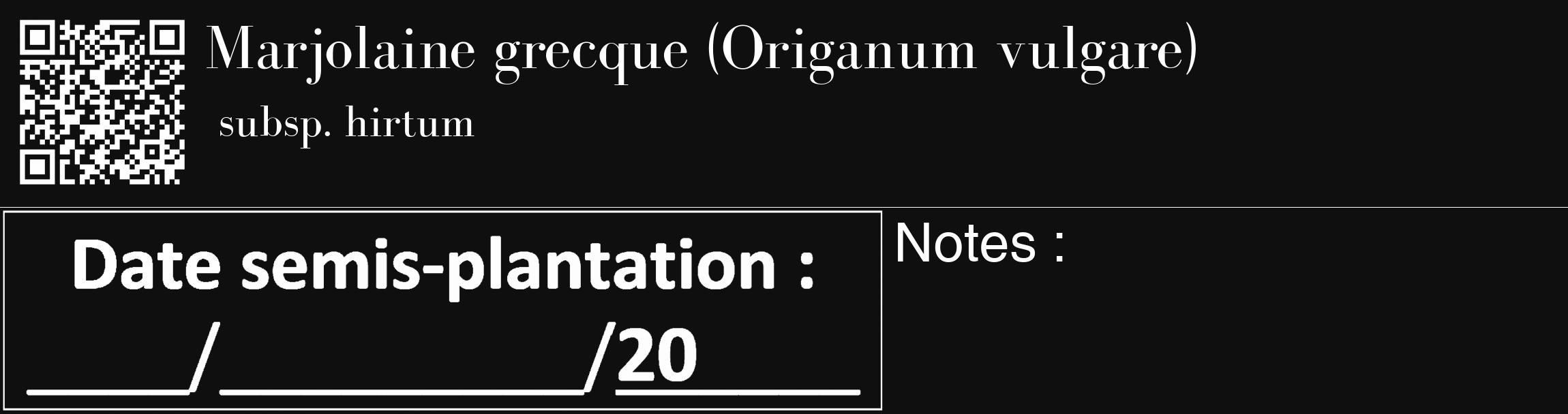 Étiquette de : Origanum vulgare subsp. hirtum - format c - style blanche7_basique_basiquebod avec qrcode et comestibilité